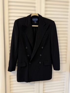 Ralph Lauren Black Double-Breasted Blazer Vintage 80's Women's 8 Wool New